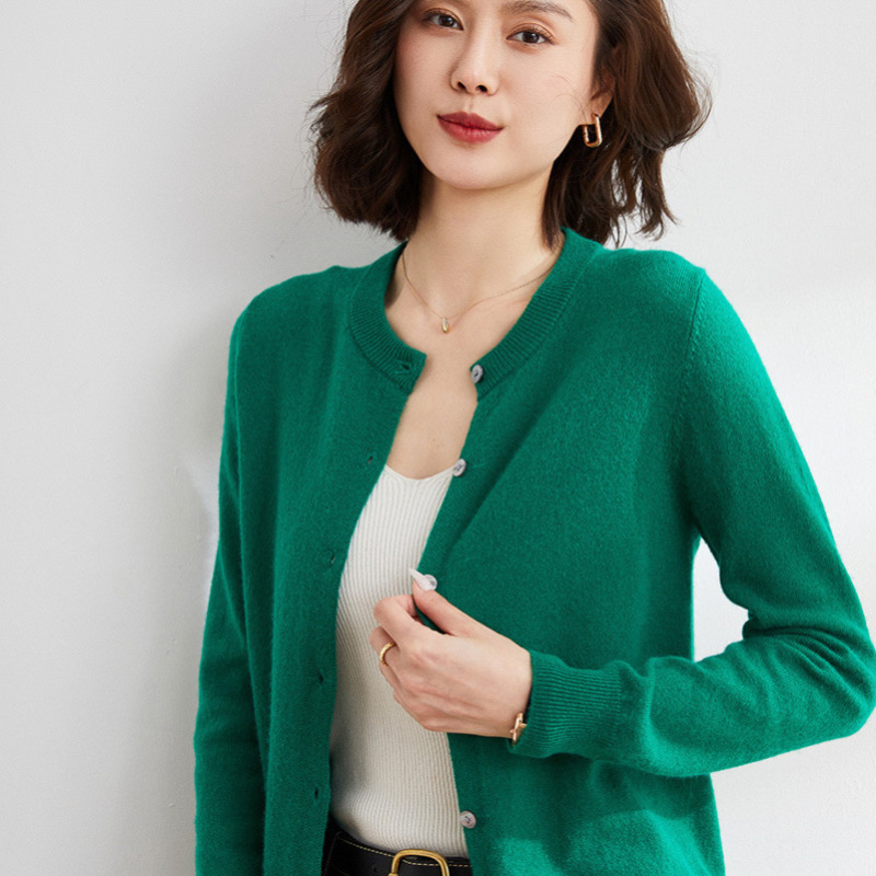 春秋新款圆领针织开衫女外搭长袖外穿针织衫毛衣纯色薄款外套女