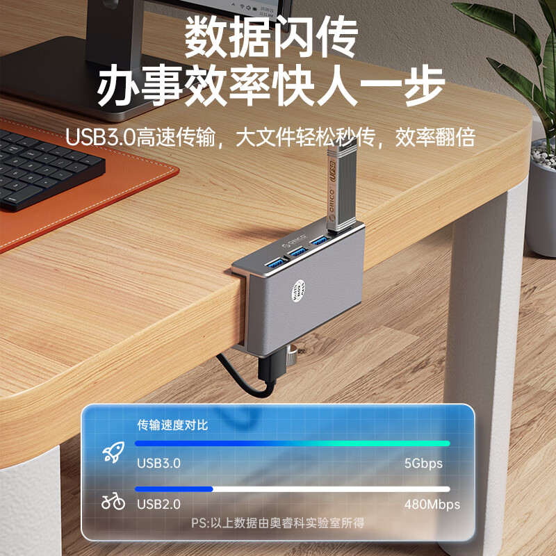 奥睿科(ORICO)USB3.0分线 hub扩展坞集线器铝合金卡扣式适用台式机电脑MAC苹果台式电脑显示器通用转换器高清大图