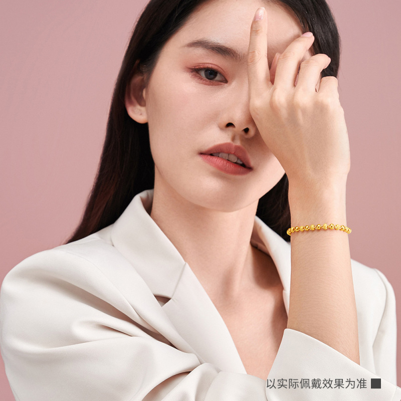 周大生计价黄金手链女式足金光砂金珠链子素链黄金饰品 女士珠宝首饰