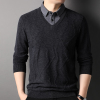 鄂尔多市纯山羊绒衫男衬衫领假两件套春秋薄毛衣男打底衫100%羊绒衫男t恤中年初秋爸爸装薄款衬衫领男士单穿衬衣 6181深灰 165/84