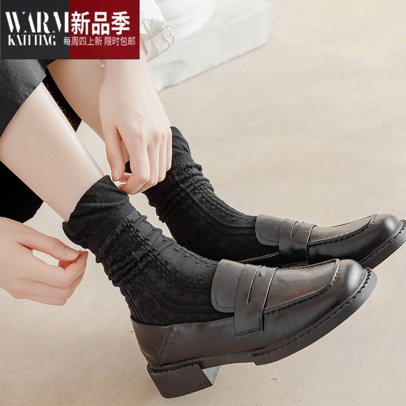 SHANCHAO黑色乐福鞋袜子女浅口配小皮鞋的短袜短筒夏季搭配堆堆袜薄款