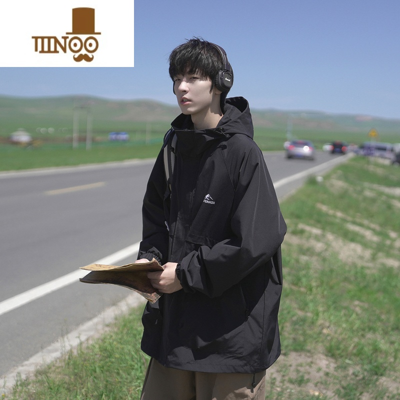 YANXUE秋季新款男夹克连帽户外工装机能冲锋衣印花潮牌宽松百搭外套男高清大图