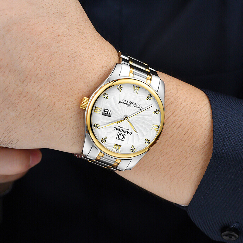 瑞士嘉年华CARNIVAL手表 名匠商务系列男士全自动机械表 男日历防水大三针背透带时尚商务男表腕表8828G水钻款精钢高清大图