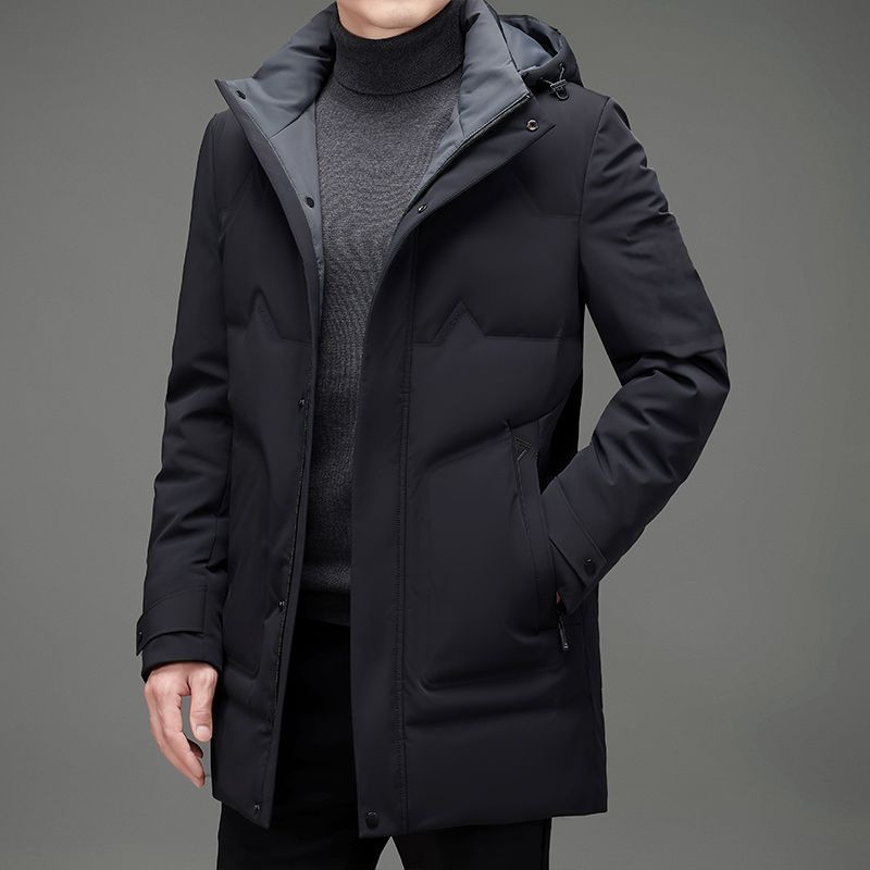 皮尔卡丹2022新款羽绒服男中青年连帽灰鸭绒外套中长款纯色秋冬高档上衣