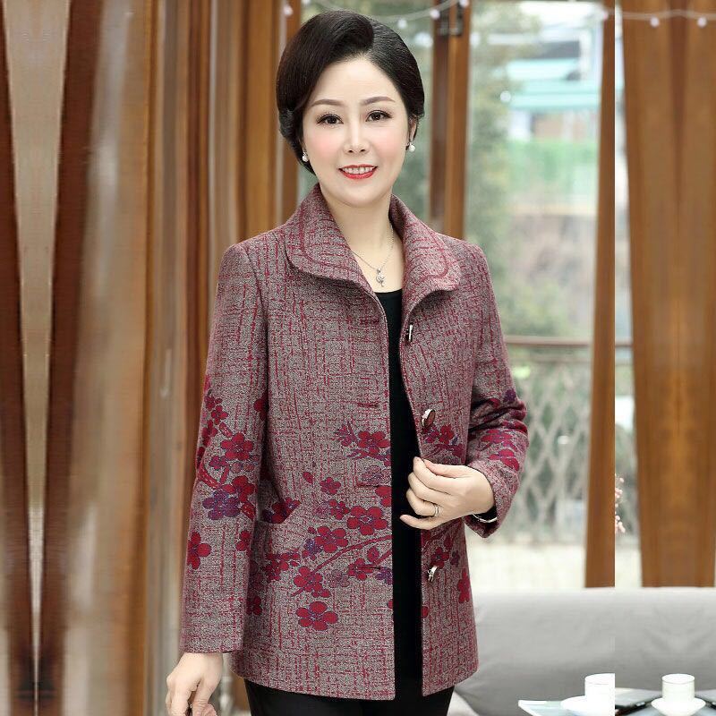 中老年女装春秋装外套妈妈装老年人长袖毛呢5060岁老人宽松上衣