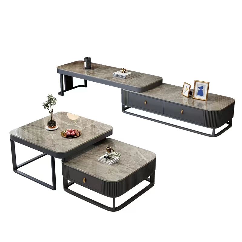 青木川 轻奢意式灰色系岩板电视柜茶几组合套装伸缩台极简客厅岩板落地电视墙柜现代简约茶几组合地台矮柜高清大图