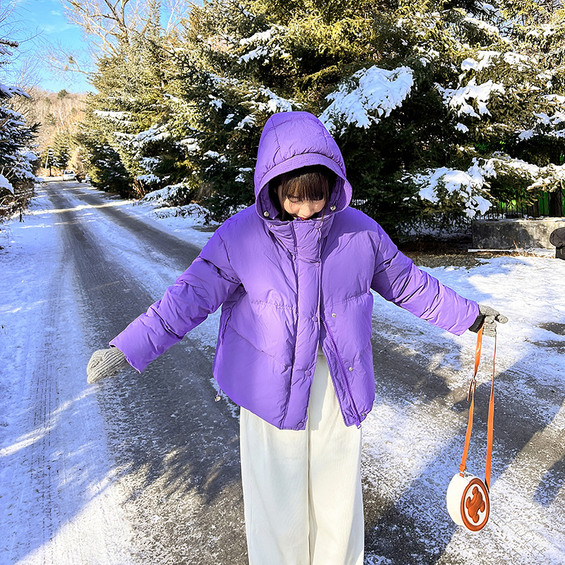 羽绒棉衣棉服女外套2023年秋冬季新款短款面包服港风学生胖MM棉袄 紫色 S