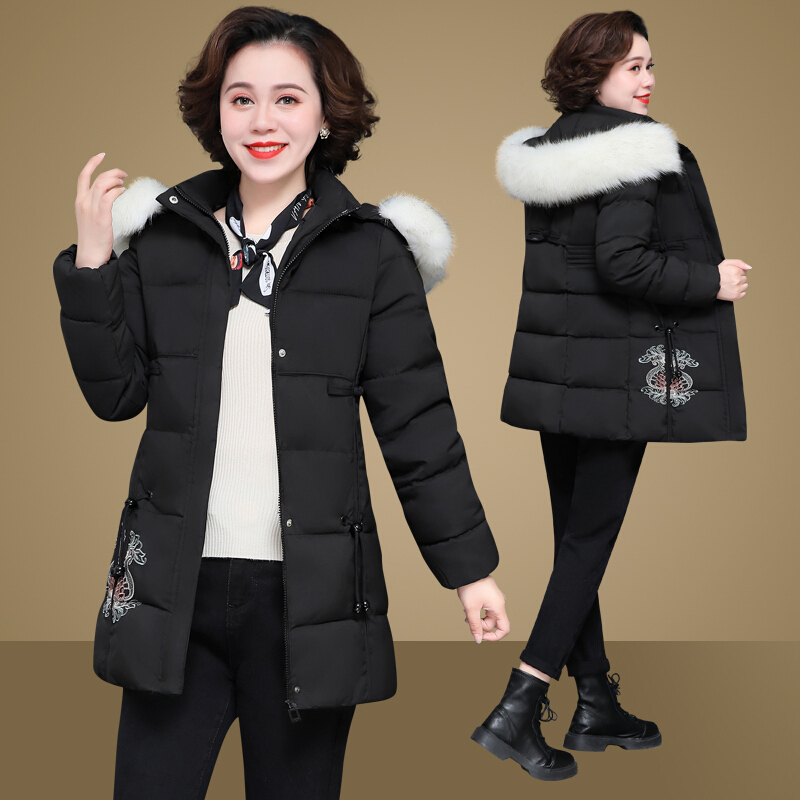 老年棉衣女中长款连帽外套服冬季妈妈装宽松大码加厚棉袄品牌女装视频