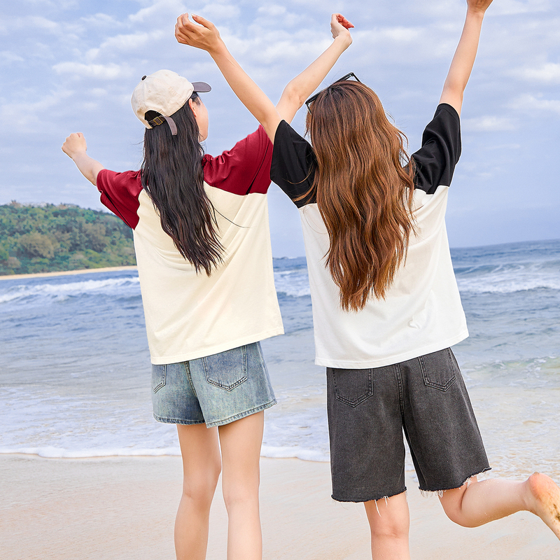 [1.5折价43元]唐狮夏季学院风插肩袖上衣女新款撞色纯棉短袖T恤女潮sz