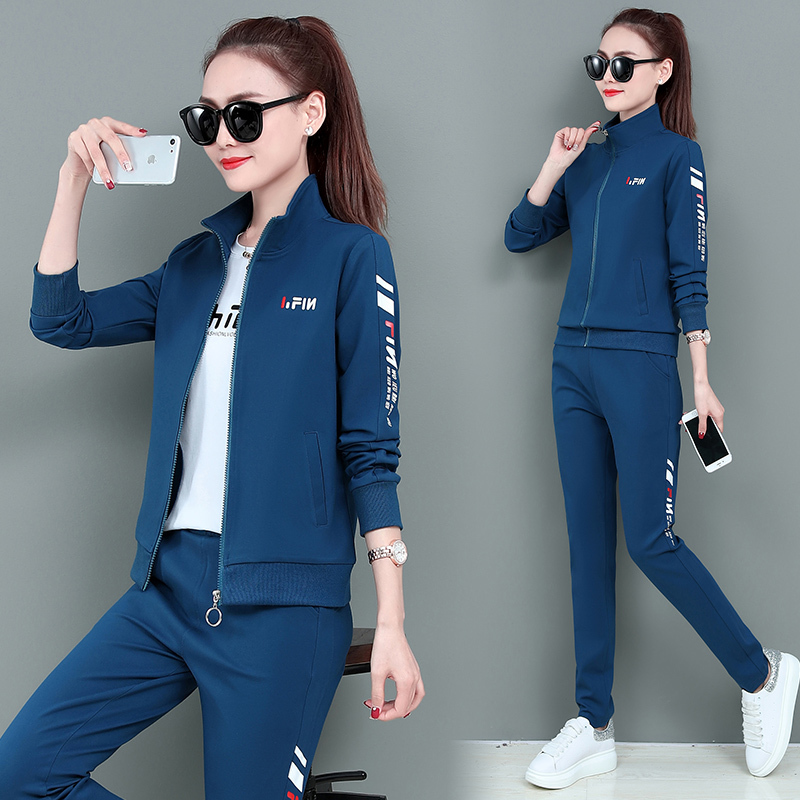 锋非凡 品牌青年女子运动套装女2022新款春秋季韩版时尚休闲潮流运动服三件套女修身显瘦跑步锻炼宽松大码长袖三件套