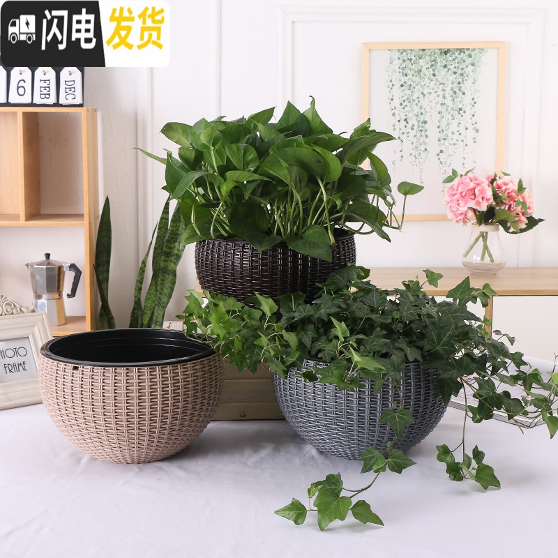 三维工匠吊篮花盆自动吸水绿萝吊兰花盆多肉垂吊悬挂式佛珠加厚桌面塑料盆 咖啡色[送内胆+吊链] 篮宽26CM[大号花盆容器高清大图