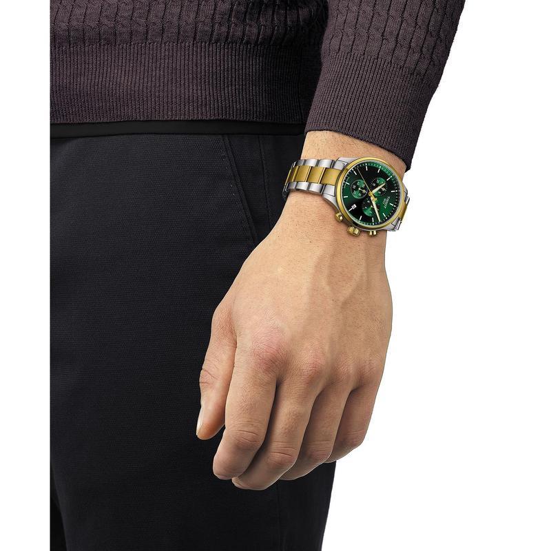 天梭(TISSOT)男士瑞士石英腕表45mm银金双色不锈钢表带绿盘防水