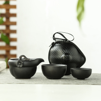 領藝 黑陶旅行茶具套装家用简约功夫陶瓷泡茶器家用便携式快客杯一壶两杯 梅映雪