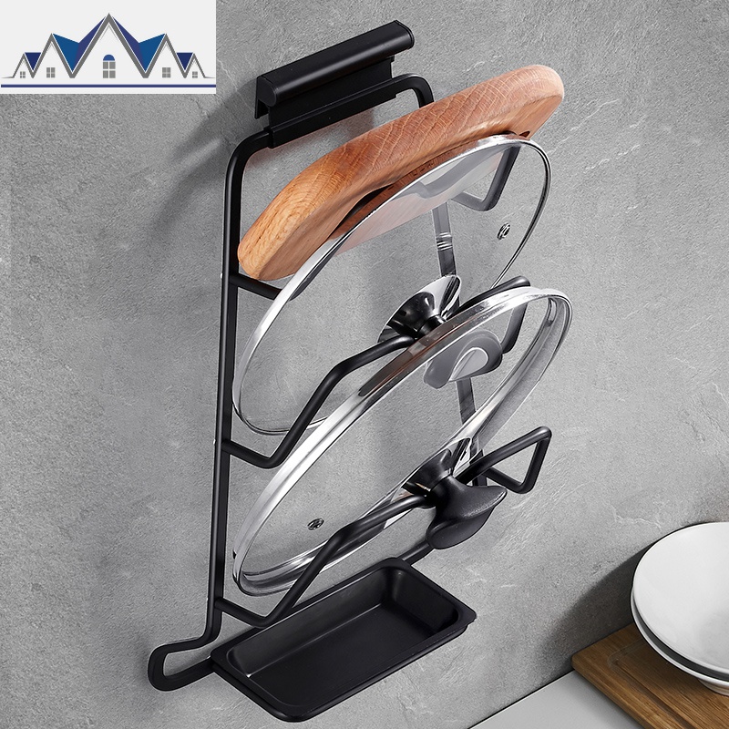 免打孔锅盖架带接水盘壁挂式架子黑色厨房砧板收纳用品置物架挂件 三维工匠高清大图