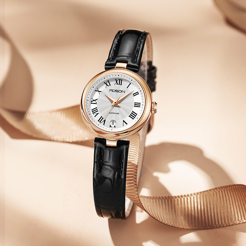 劳士顿rosdn手表女士正品石英表日历防水时尚休闲薄款大气罗马圣诞节