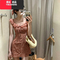 YIBUSHENG法式气质红色格子无袖连衣裙子女季2024新款小个子显瘦收腰短裙