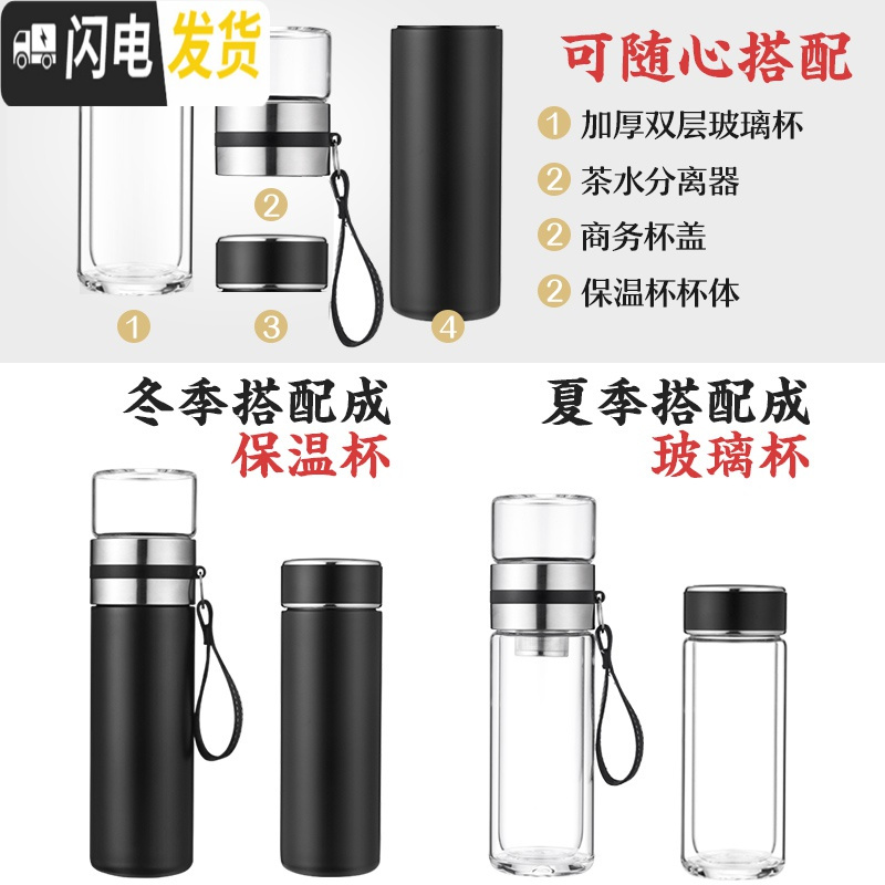 三维工匠便携保温杯316不锈钢男水杯子茶水分离泡茶杯玻璃杯刻字定制礼盒 睿智黑316保温杯+玻璃杯身+杯盖+杯套+礼盒高清大图