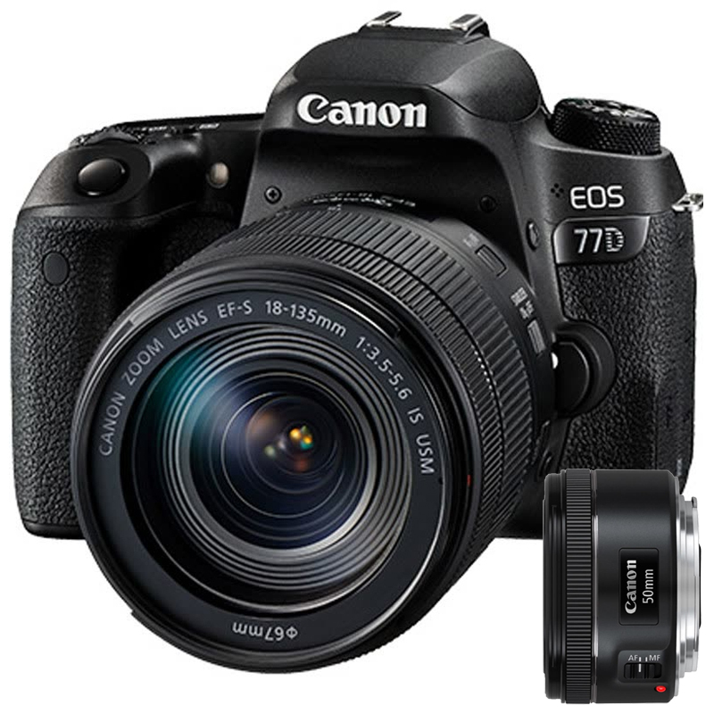 佳能(Canon) EOS 77D(18-135mm+50mm F1.8) 数码单反相机 双镜头套装 约2420万像素