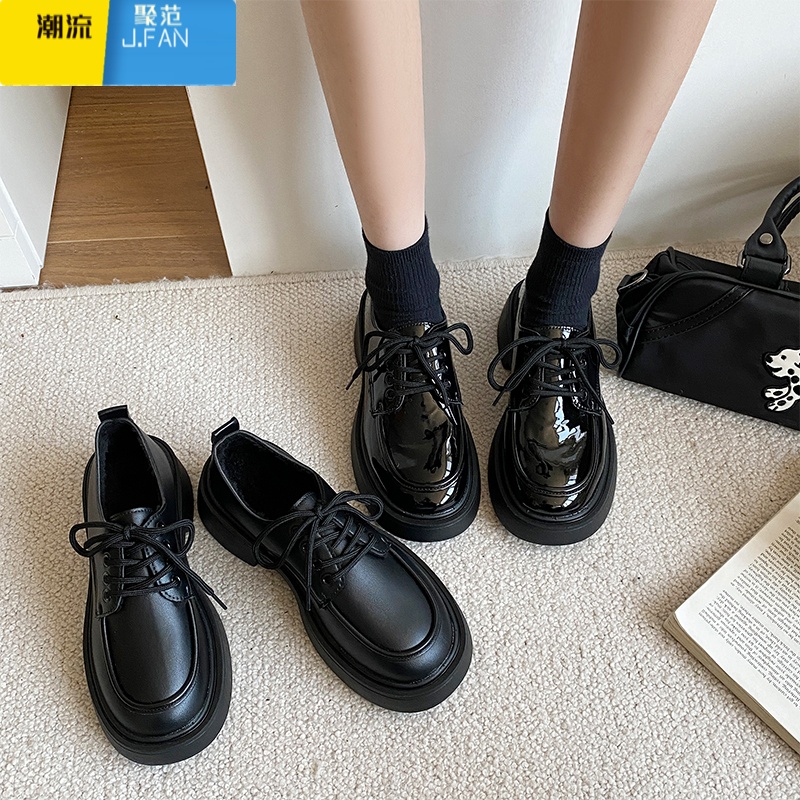 聚范配裙子小皮鞋女2024新款复古英伦风学生百搭黑色厚底增高单鞋高清大图