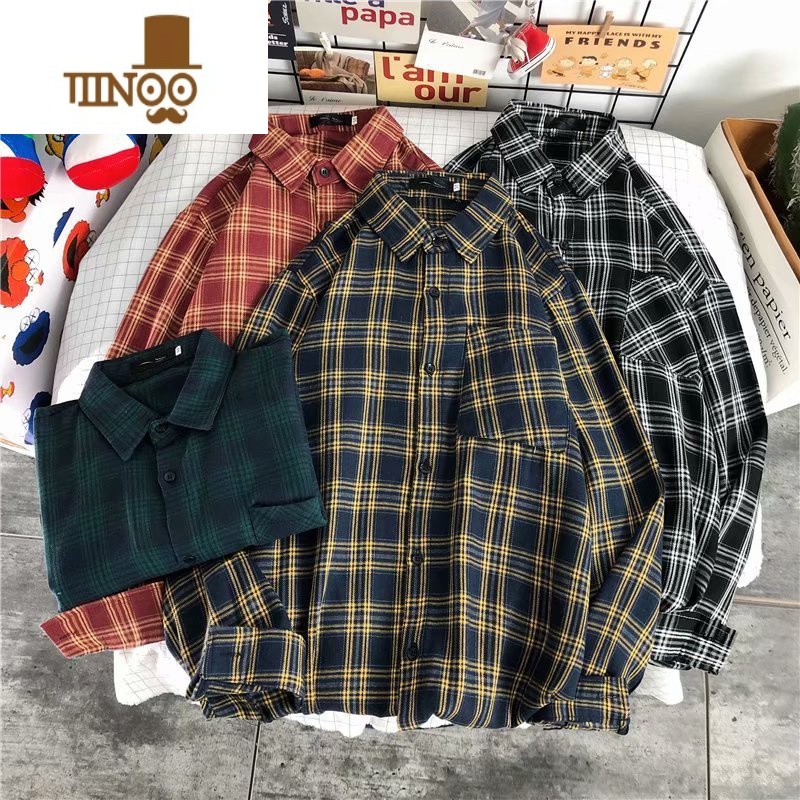 YANXU复古工装格子衬衫男长袖潮流宽松休闲打底衬衣情侣百搭外套高清大图