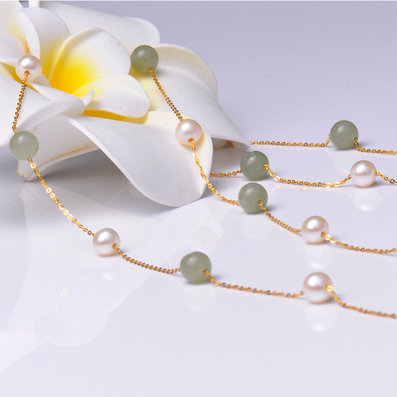 梦克拉 18k金淡水珍珠和田玉项链 仲夏夜 满天星 毛衣链 多圈手链 一款多戴高清大图