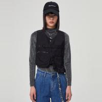 美特斯邦威工装短款马甲女2021新款春季时尚不对称外搭装饰外套女 影黑 155/S