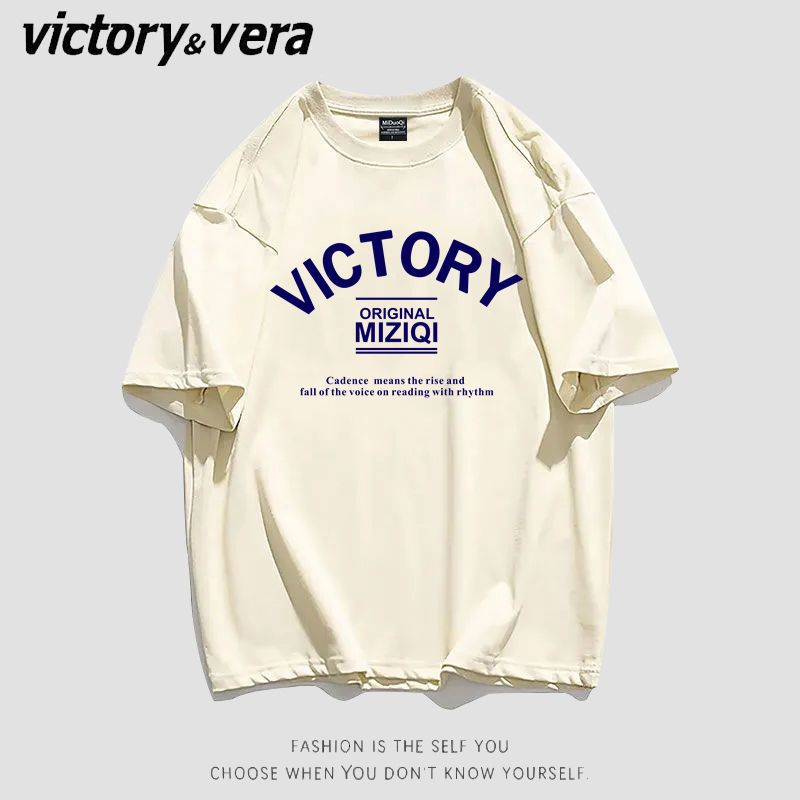 VICTORYVERA杏色短袖t恤女2022夏季新款宽松韩版bf原宿风印花上衣