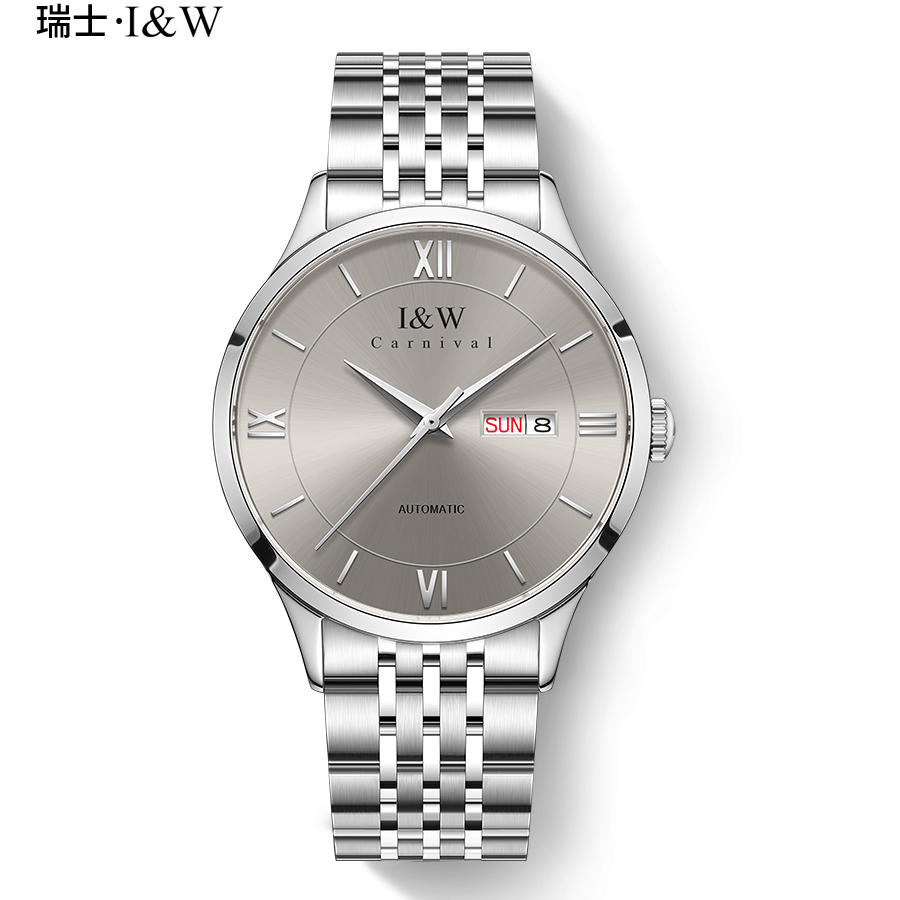 瑞士爱沃驰I&W CARNIVAL手表全自动机械表 男表复古进口机芯防水商务腕表简约双日历表8510G 灰刻灰面