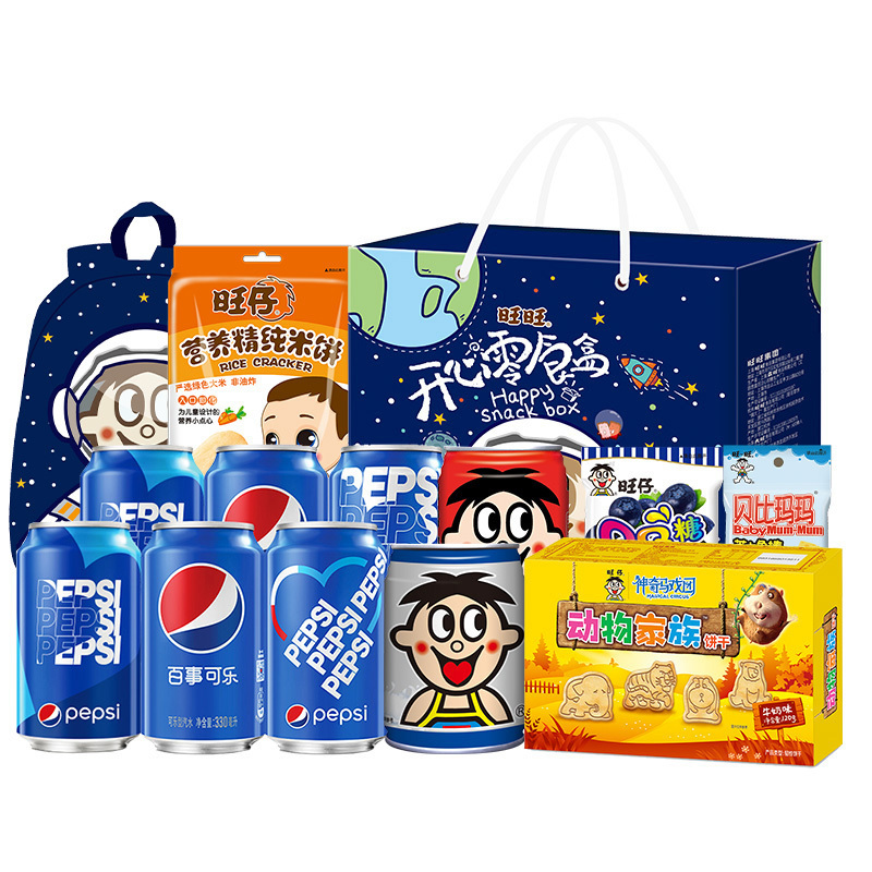 旺旺开心零食礼盒318g490ml百事可乐330ml听装六联包
