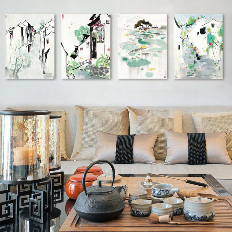 吴冠中水墨画山水风景画客厅卧室现代装饰画书房中式挂画三联国画