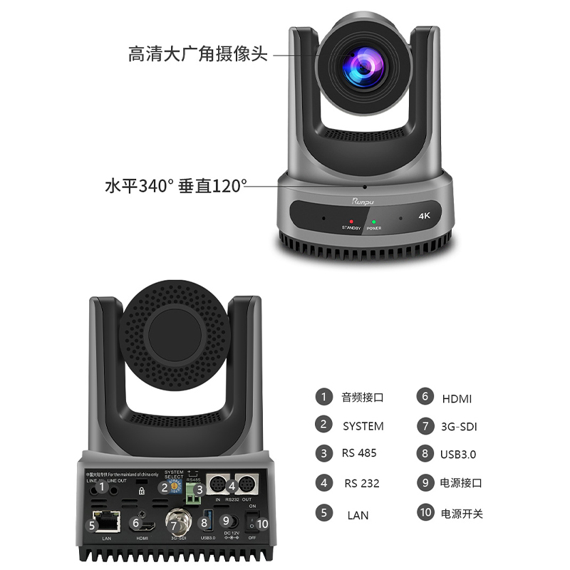 润普Runpu RP-HDX91AS视频会议摄像头AI人形追踪HDMI/SDI/USB云台12倍变焦4K/P60直播录播