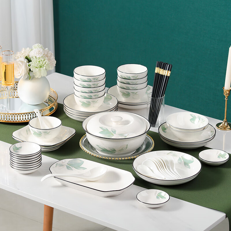 洁雅杰 碗碟套装家用简约陶瓷餐具整套装组合盘子碗筷礼盒送礼春之意56件