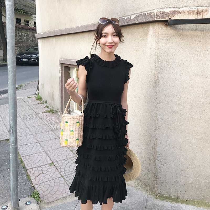 裙2018复古木耳边气质无袖中长款针织连衣裙女夏