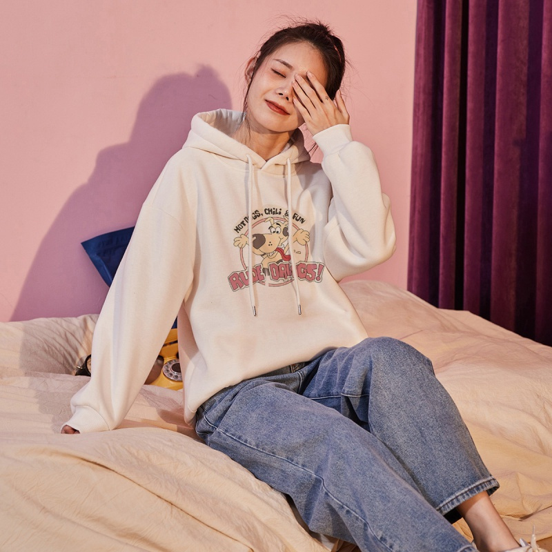 唐狮秋冬季卫衣女新款宽松百搭趣味狗狗印花连帽上衣可爱流行