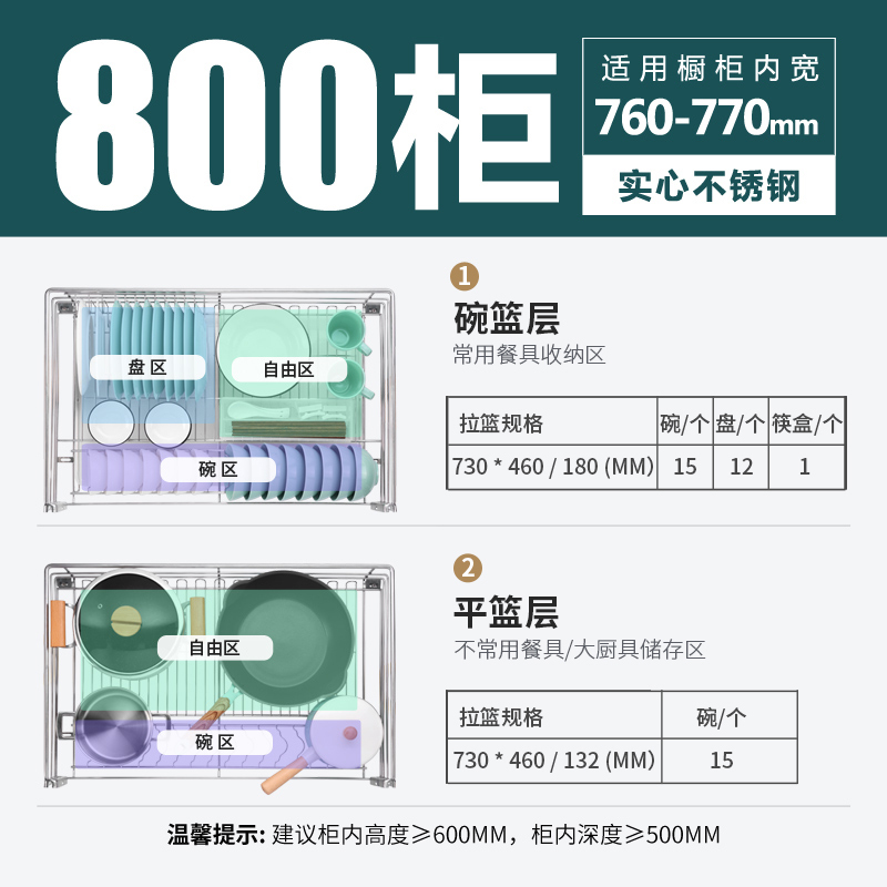 欧琳橱柜拉篮LTC2008D(零售云)厨房锅碗篮碗架双层抽屉式不锈钢阻尼轨道置物架碗架带接水盘