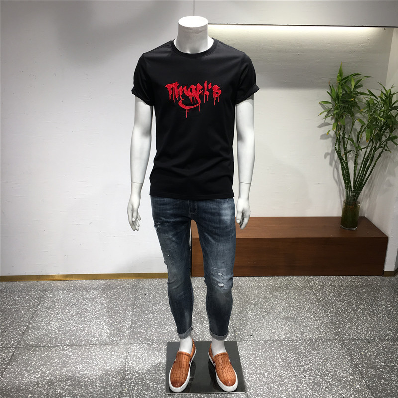 短袖T恤男时尚修身气质个性字母体恤圆领夏款潮T男时尚简单打底衫