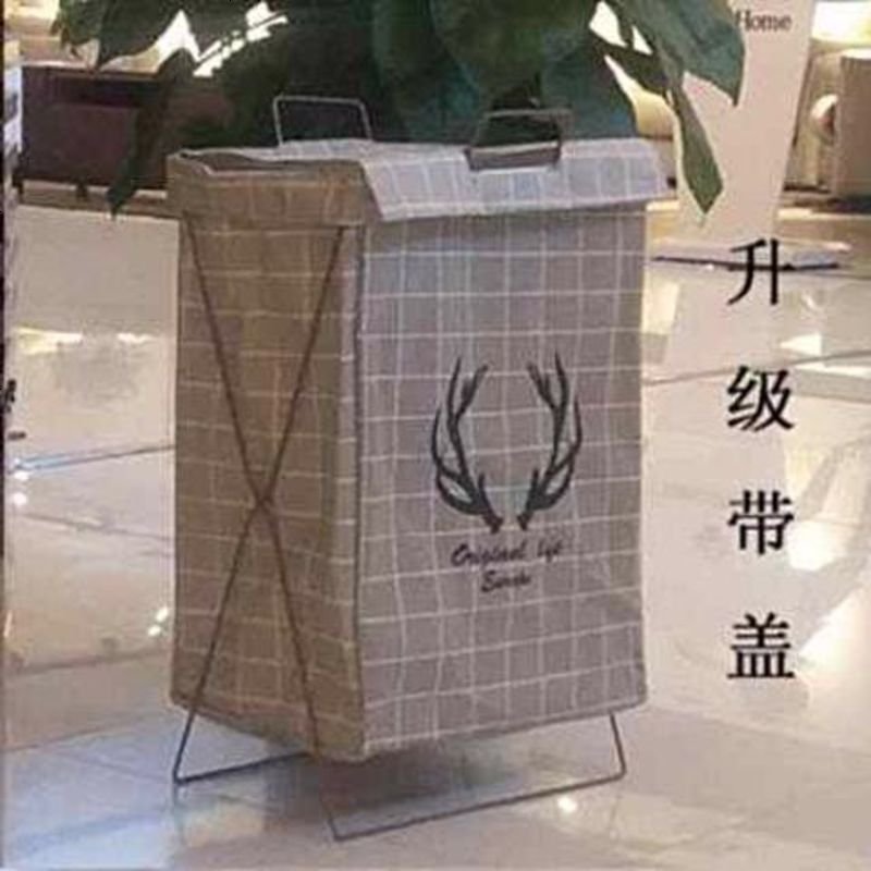 收纳筐可爱卡通布艺落地式脏衣桶白色衣物脏衣篮手提尿布收纳 灰色鹿角带盖28*38*55