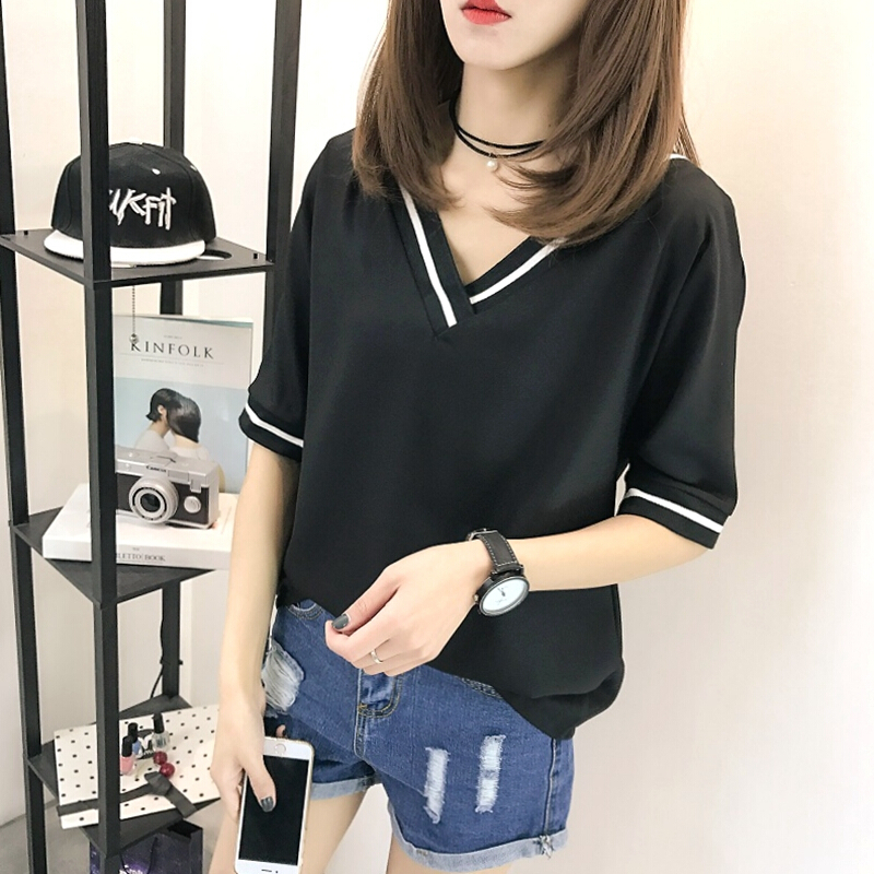 大码女装胖mm短袖T恤女2018夏季新款v领上衣条纹显瘦打底衫200斤