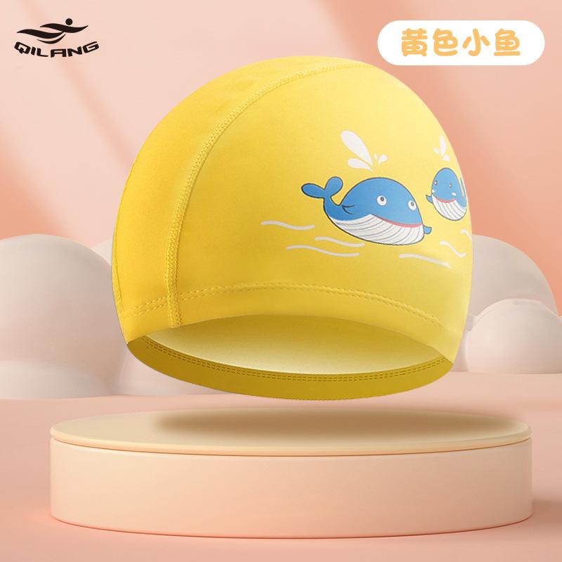 儿童泳帽PU涂层卡通可爱男女童防水护耳定 制logo游泳帽厂家直销 黄色小鱼