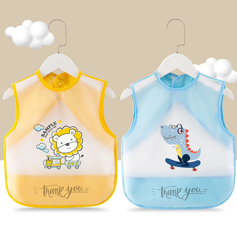 宝宝吃饭围兜防水防脏免洗儿童罩衣男女婴儿饭兜小孩无袖夏季围裙 TPU-狮子黄色+恐龙蓝色110(110【建议4-5岁】)