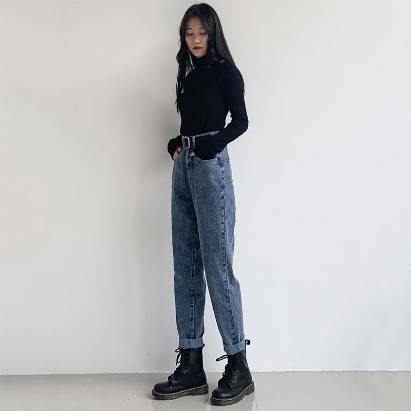 高腰牛仔裤女宽松韩版学生复古直筒哈伦裤秋冬新款老爹萝卜长裤子