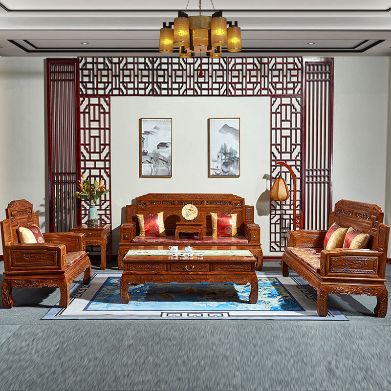 琪梦红木家具刺猬紫檀木锦上添花中式沙发宽扶手花梨木实木123七件套