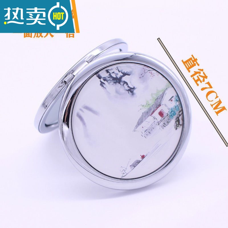 敬平可爱金属化妆镜随身便携美容小镜子折叠创意迷你山水画双面圆镜便携式用镜 青花牡丹#高清大图