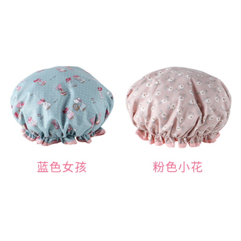 浴帽女防水洗澡头套双层加厚可爱厨房帽子防油烟沐浴成人淋浴发冒 三维工匠 蓝色女孩+粉色小花高清大图