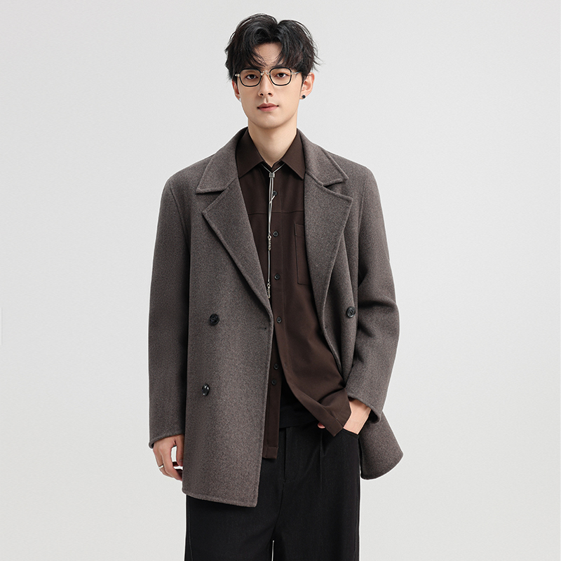 啄木鸟双面羊毛外套男冬季新款西装加厚短款风衣毛呢大衣呢子西装高清大图