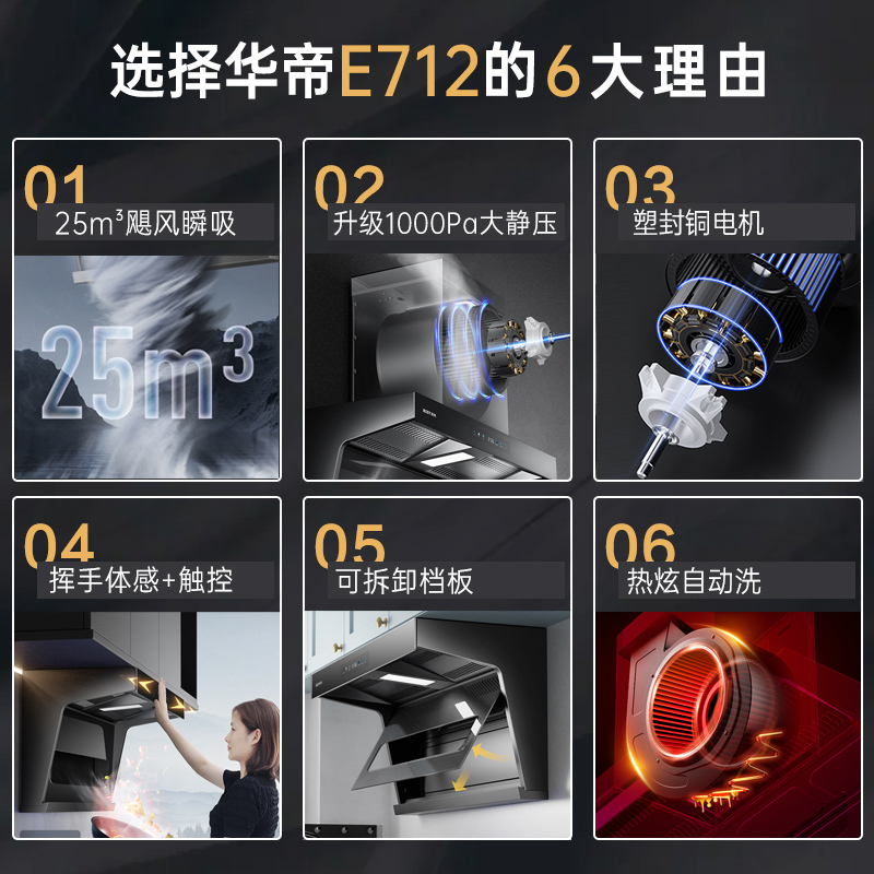 华帝百得E712三腔变频抽油烟机顶侧双吸7字型吸烟机油烟机25m³大吸力自清洗油烟机烟灶联动吸烟机