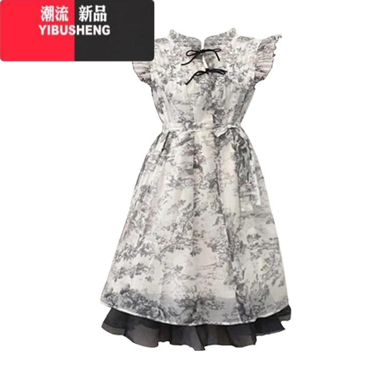 YIBUSHENG新中式改良小飞袖水墨画连衣裙季女装国风复古收腰显瘦别致短裙