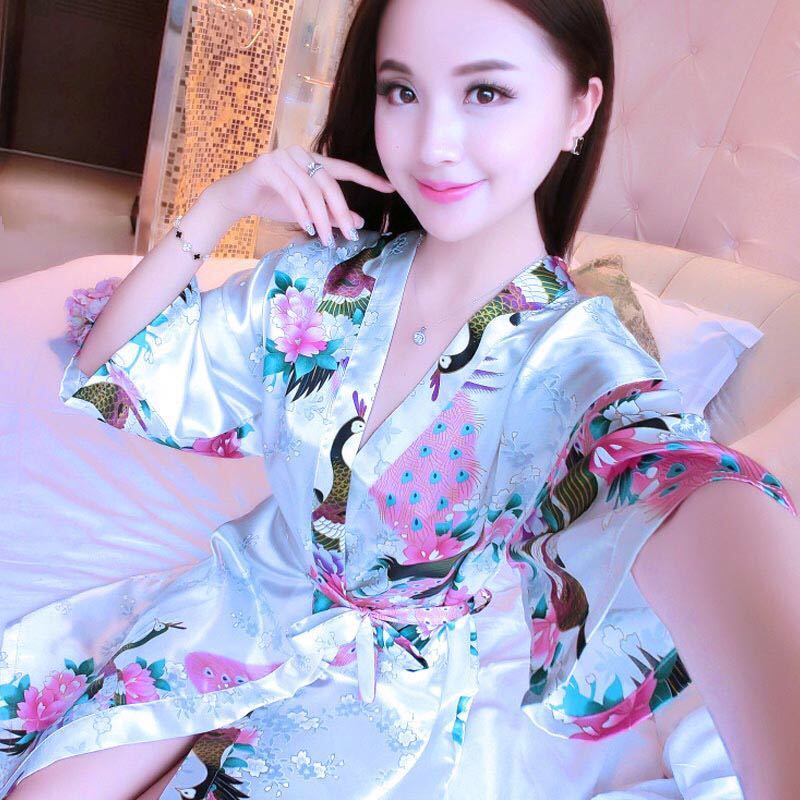 睡衣女夏中袖丝绸睡袍韩版性感连体系带和服家居服单件杨柳美女袍