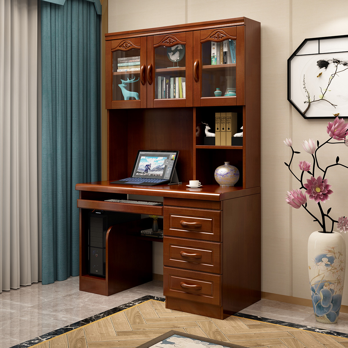木格尚品 实木书桌书柜书架一体现代中式家用台式电脑桌写字桌书房