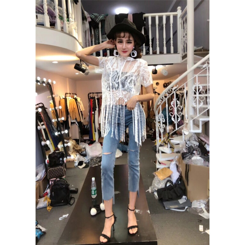 套装女夏2018韩版新款时尚流苏蕾丝上衣+破洞不规则牛仔裤潮